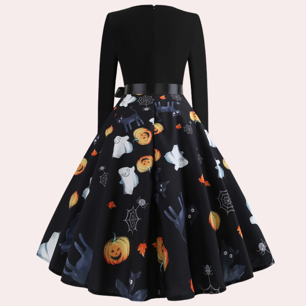 Halloween-klänning | Pumpamönster | Långärmad | Fit and Flare-klänning | Damklänning