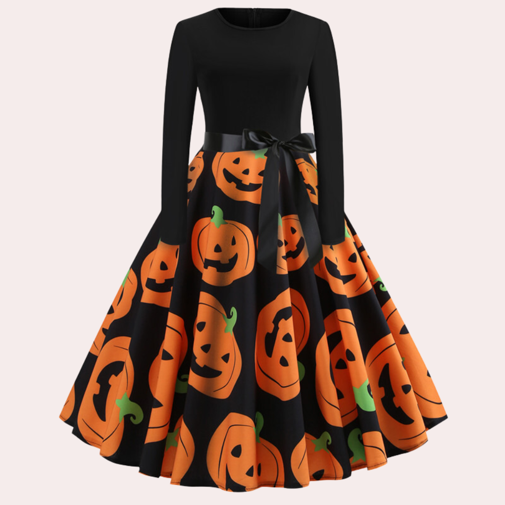 Halloween-klänning | Pumpamönster | Långärmad | Fit and Flare-klänning | Damklänning