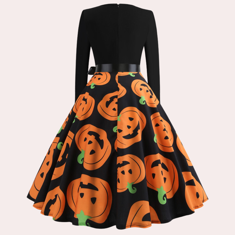 Halloween-klänning | Pumpamönster | Långärmad | Fit and Flare-klänning | Damklänning