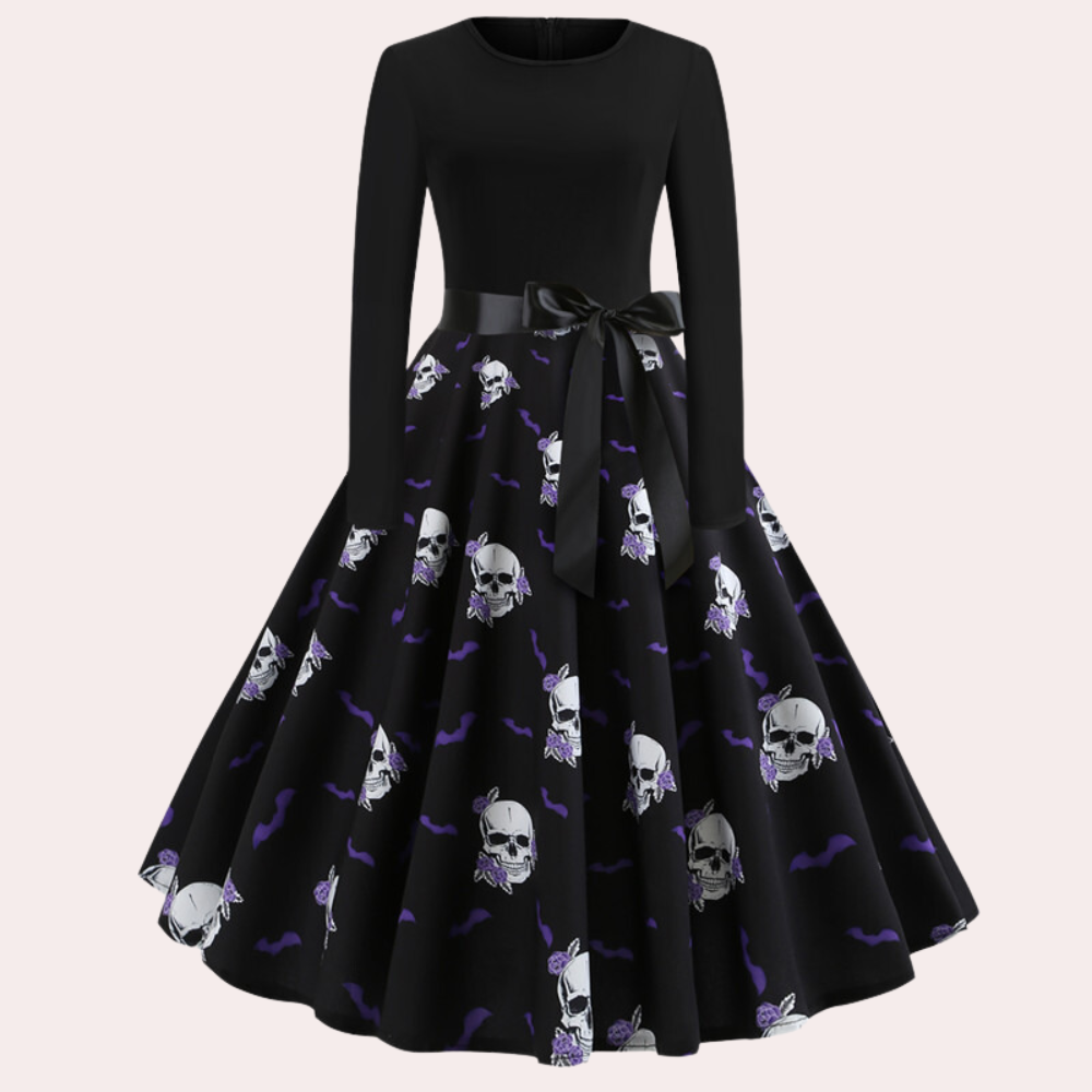 Halloween-klänning | Pumpamönster | Långärmad | Fit and Flare-klänning | Damklänning