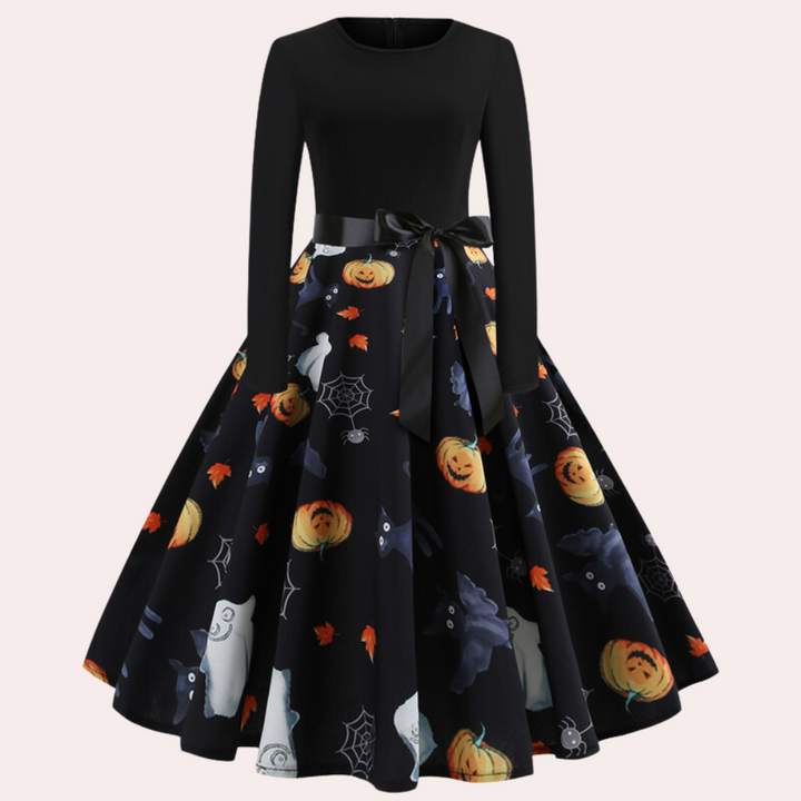Halloween-klänning | Pumpamönster | Långärmad | Fit and Flare-klänning | Damklänning