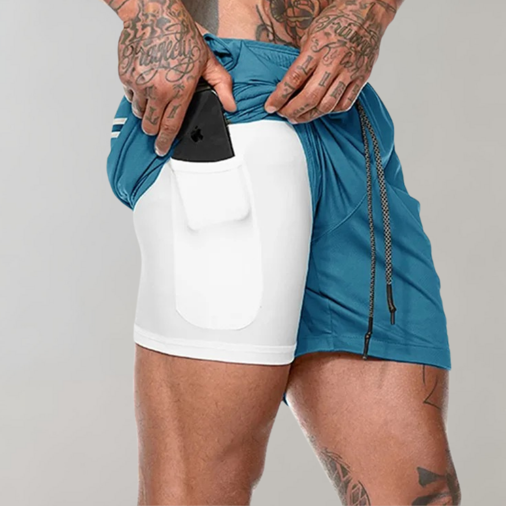 Herr 2-i-1 Träningsshorts med Multifunktion