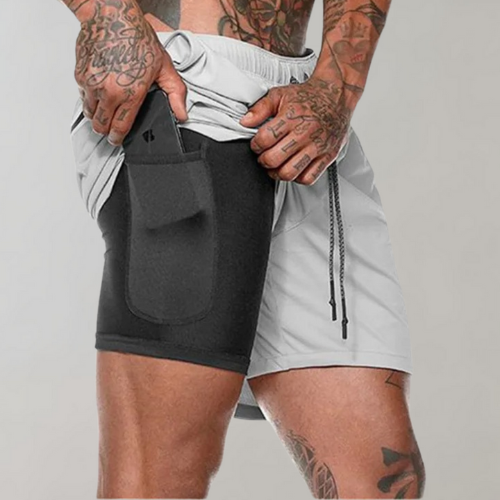 Herr 2-i-1 Träningsshorts med Multifunktion