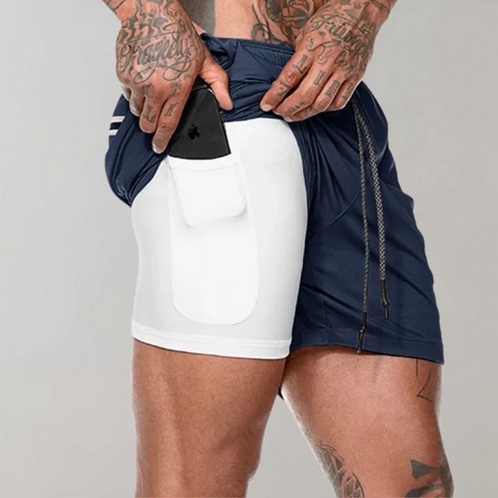 Herr 2-i-1 Träningsshorts med Multifunktion