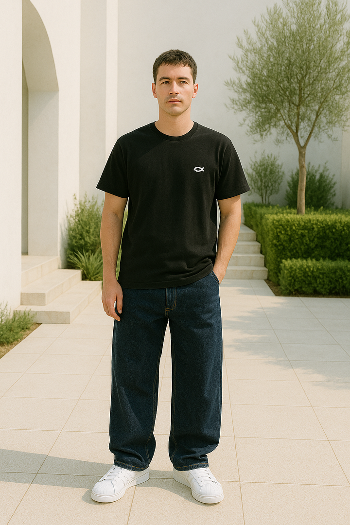 Herr Baggy Jeans med Vida Ben i Svart Denim