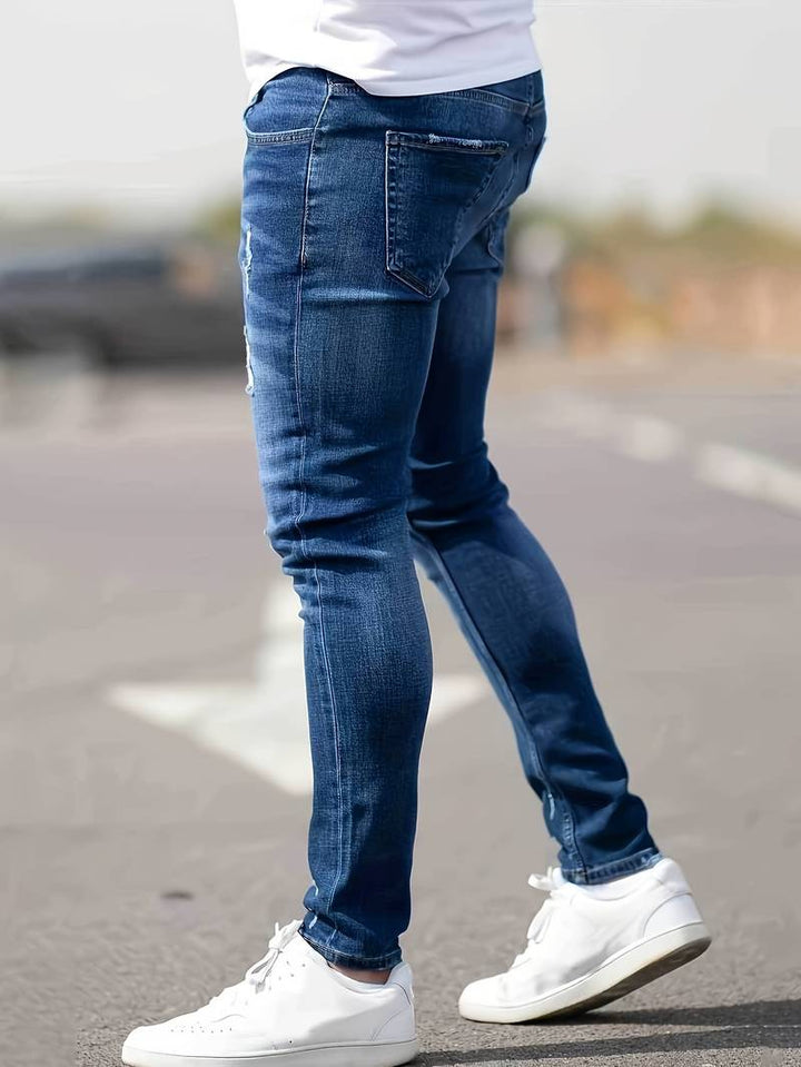 Herrens Ripped Stretch Jeans i Trendig Stil