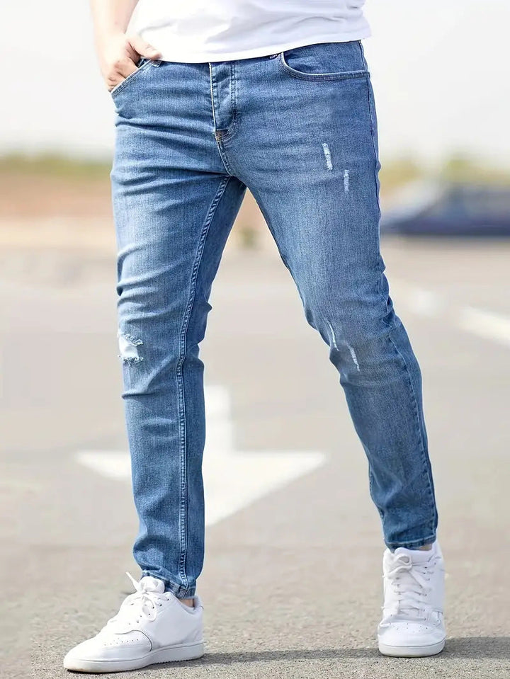 Herrens Ripped Stretch Jeans i Trendig Stil