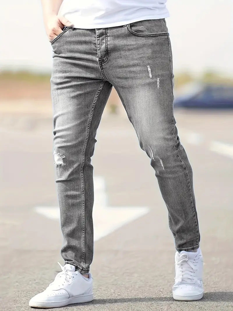 Herrens Ripped Stretch Jeans i Trendig Stil