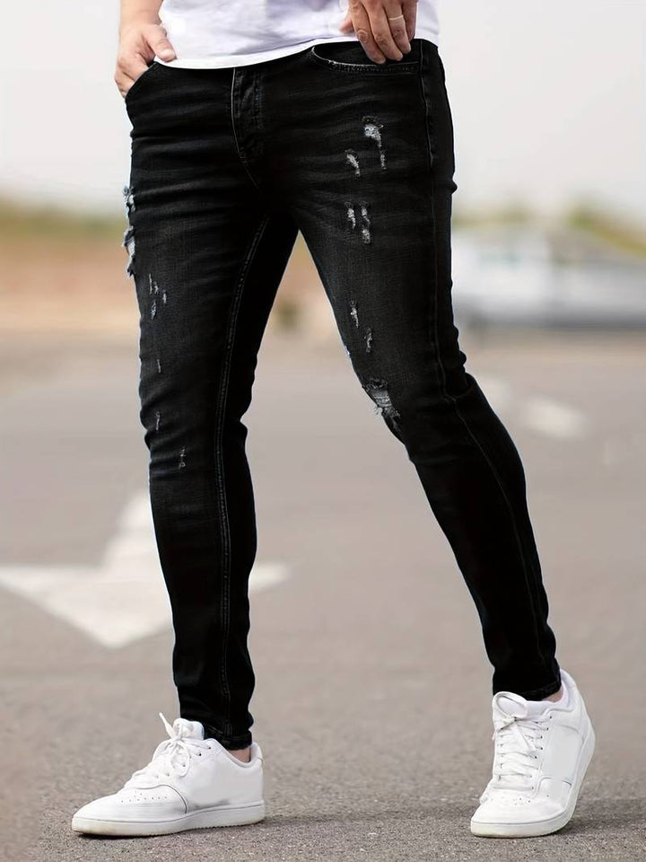 Herrens Ripped Stretch Jeans i Trendig Stil