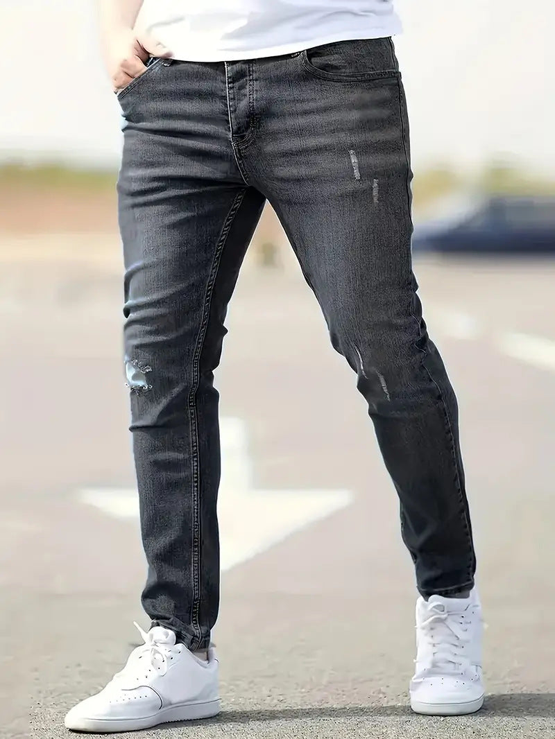 Herrens Ripped Stretch Jeans i Trendig Stil