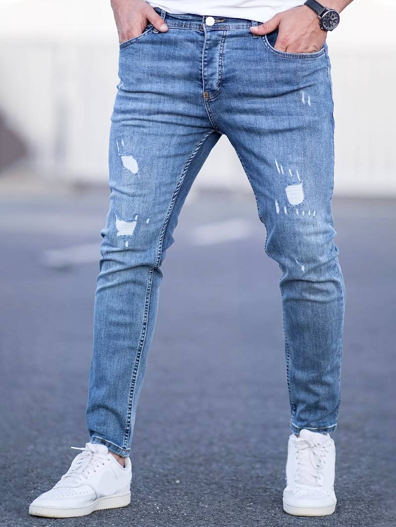 Herrens Ripped Stretch Jeans i Trendig Stil