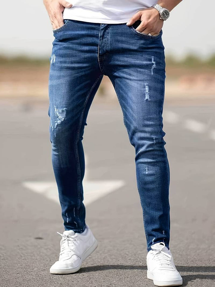 Herrens Ripped Stretch Jeans i Trendig Stil