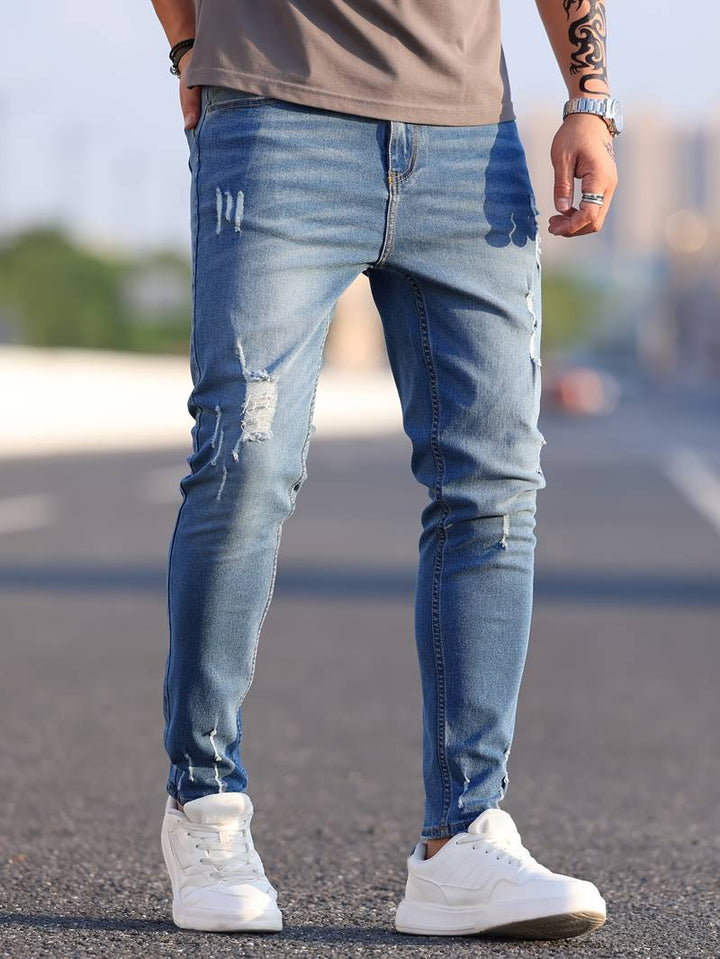 Herrens Ripped Stretch Jeans i Trendig Stil