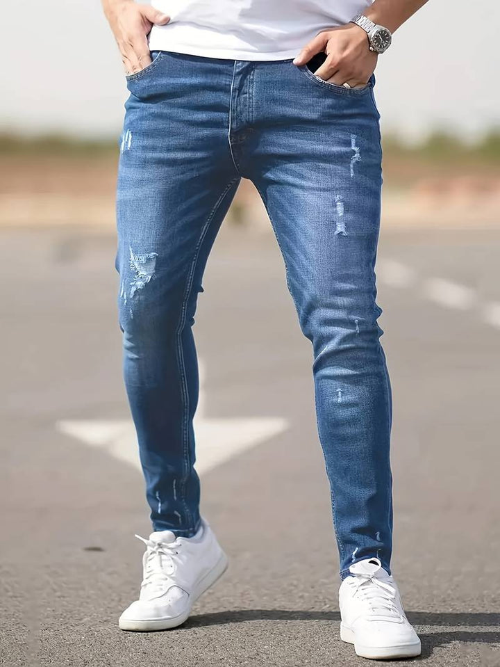 Herrens Ripped Stretch Jeans i Trendig Stil