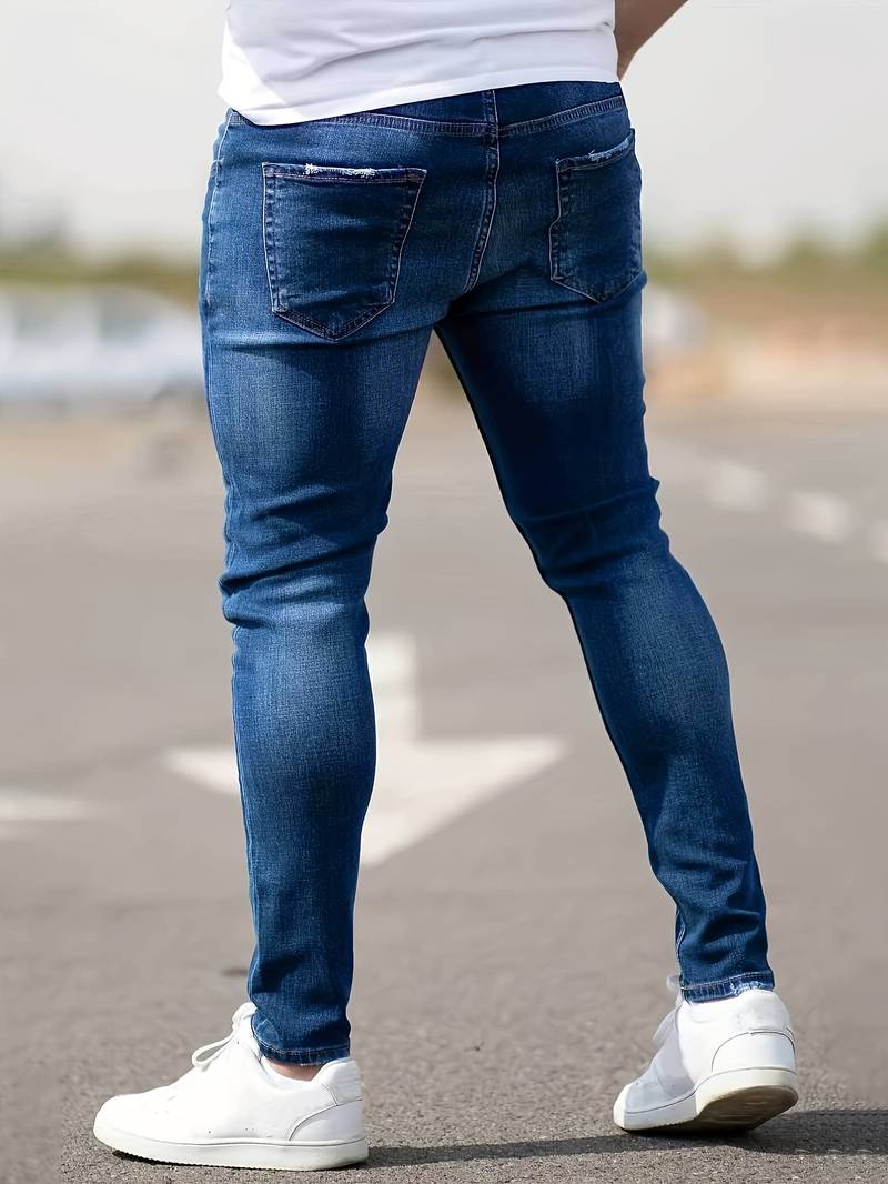 Herrens Ripped Stretch Jeans i Trendig Stil
