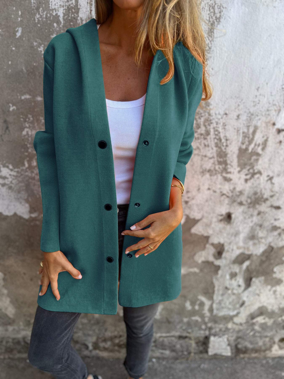 Hooded Cardigan - Damtröja med lös passform och knappar, lång cardigan och huva