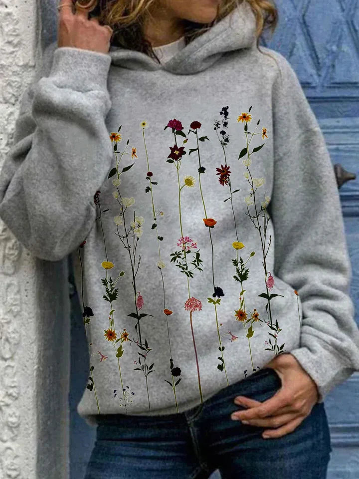 Hoodie för Kvinnor | Comfy | Grå | Pullover Hoodie | Flower Hoodie