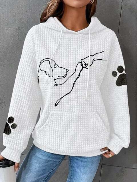Hoodie för kvinnor - Hundtryck - Känguruficka - Våfflad hoodie - Pullover Hoodie