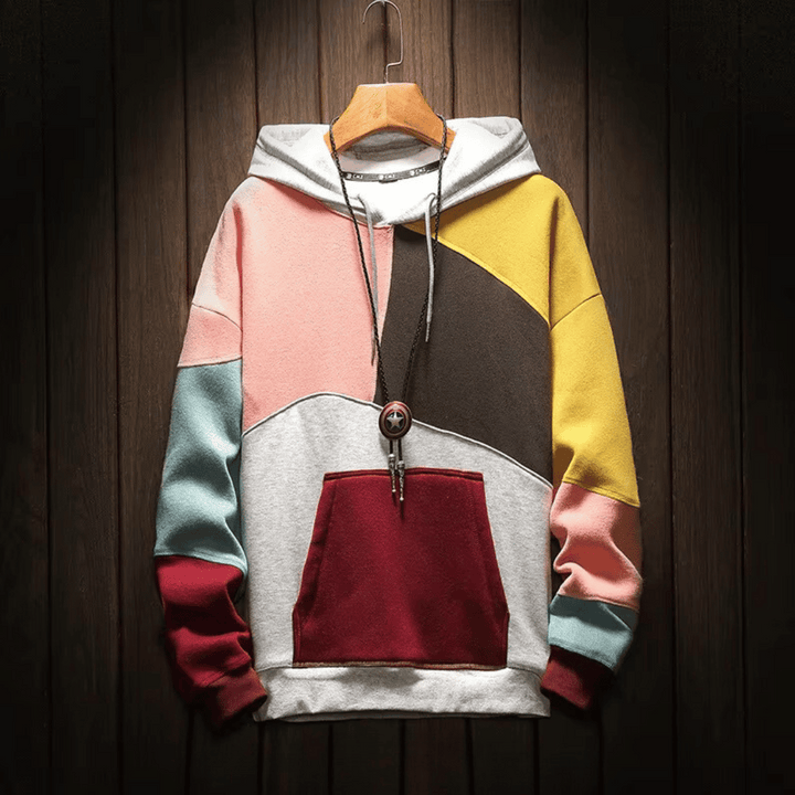 Hoodie för män - Varm överdimensionerad patchwork Huvtröja med pullover