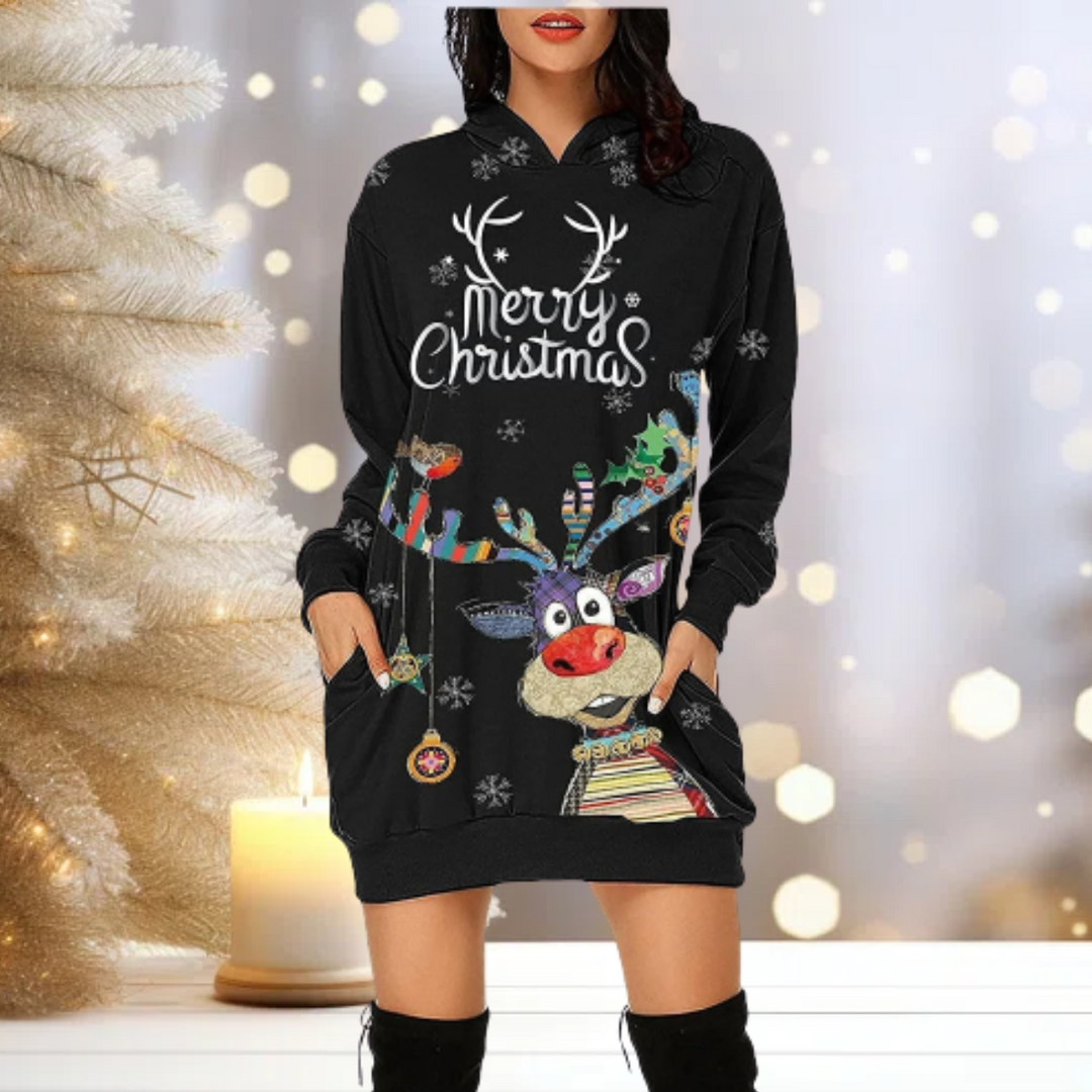 Jul Hoodie - Mysig - Ren - Hoodie Klänning - Jultröja för kvinnor