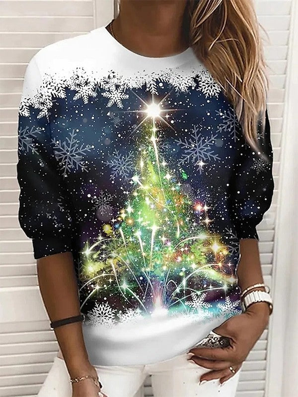 Jul Sweatshirt - Långärmad Snowflake Christmas Tree Pullover för kvinnor