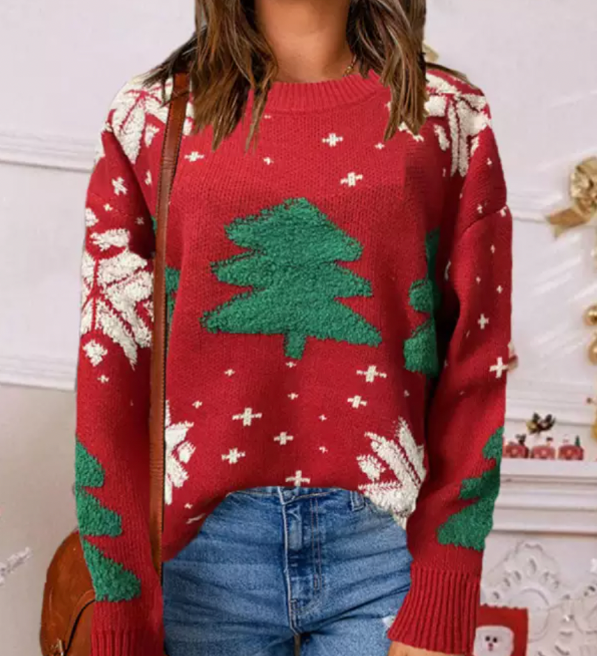 Jultröja | Röd | Mysig | Ful Xmas-tröja | Damstickat