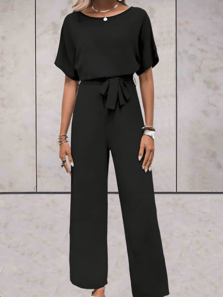 Jumpsuit med vida ben - Elegant kortärmad sommardress för damer med bälte