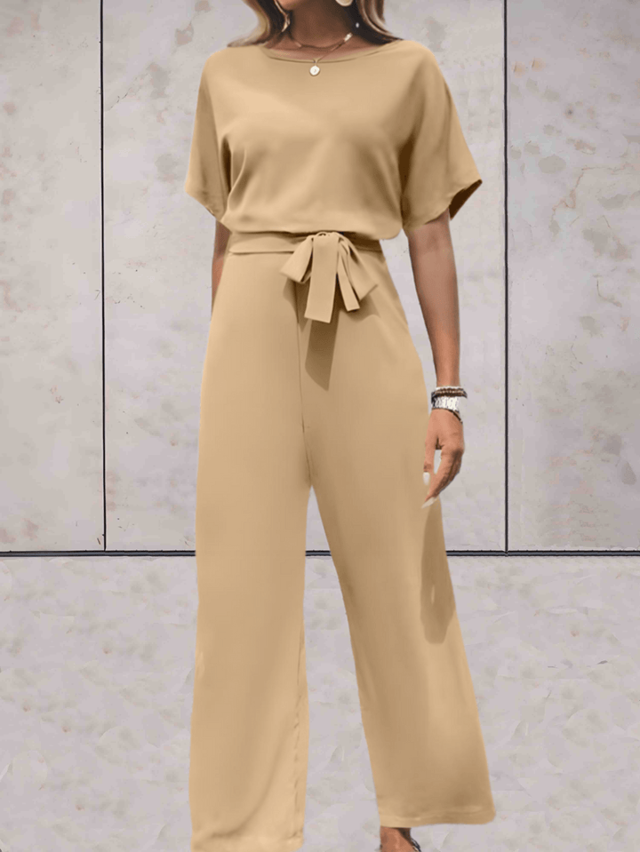 Jumpsuit med vida ben - Elegant kortärmad sommardress för damer med bälte