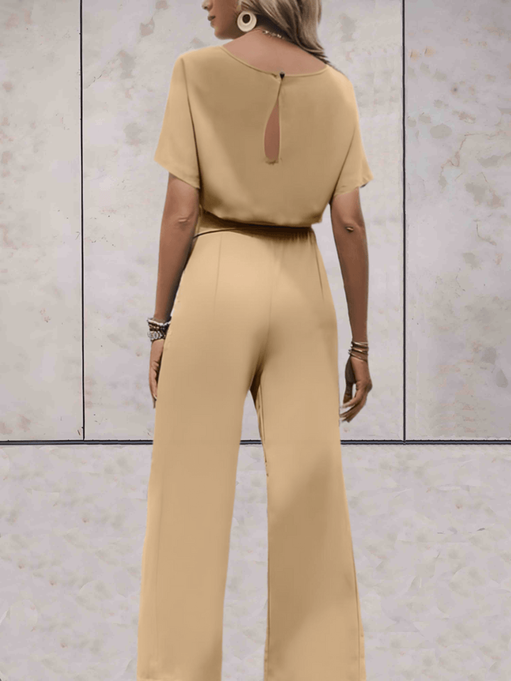 Jumpsuit med vida ben - Elegant kortärmad sommardress för damer med bälte