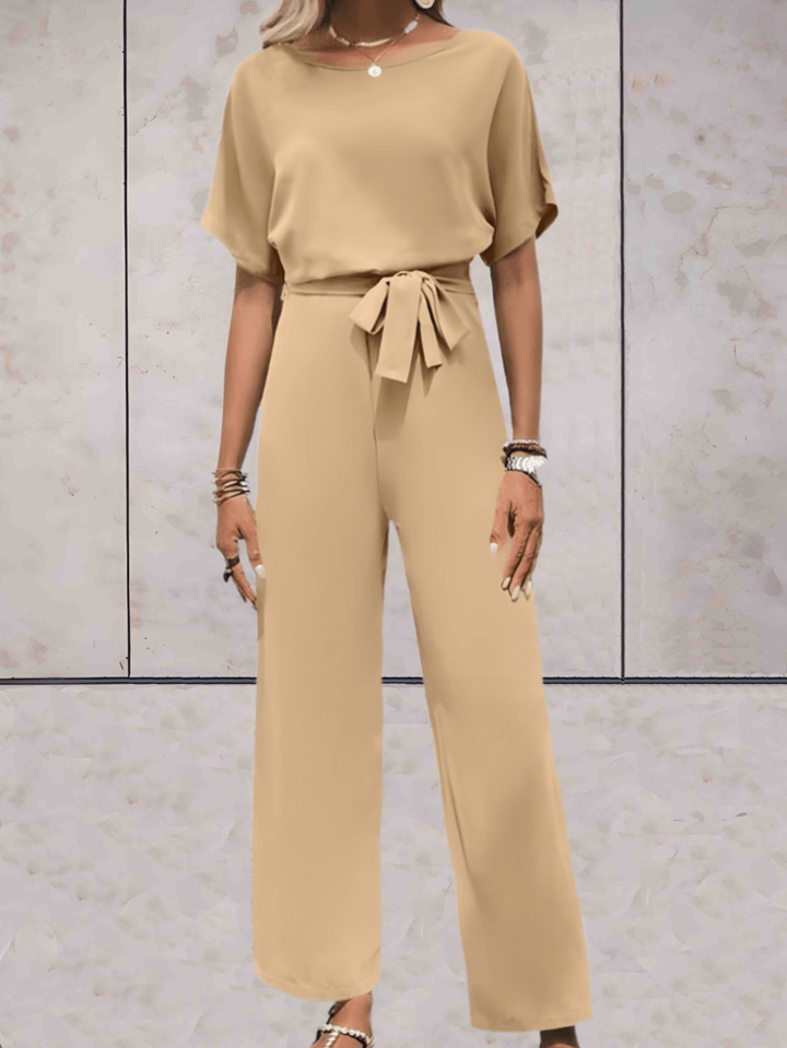 Jumpsuit med vida ben - Elegant kortärmad sommardress för damer med bälte