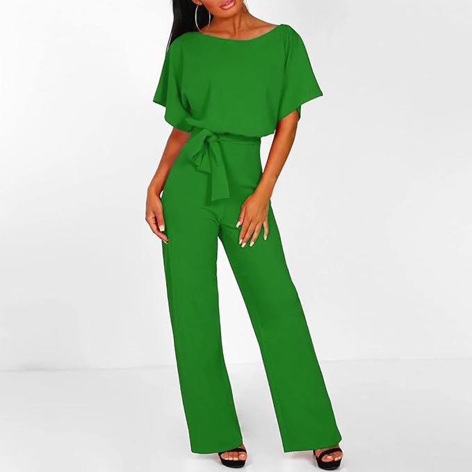 Jumpsuit med vida ben - Elegant kortärmad sommardress för damer med bälte