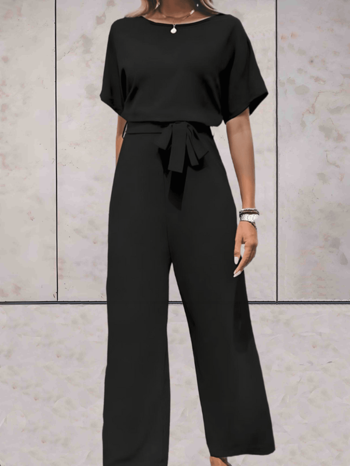 Jumpsuit med vida ben - Elegant kortärmad sommardress för damer med bälte