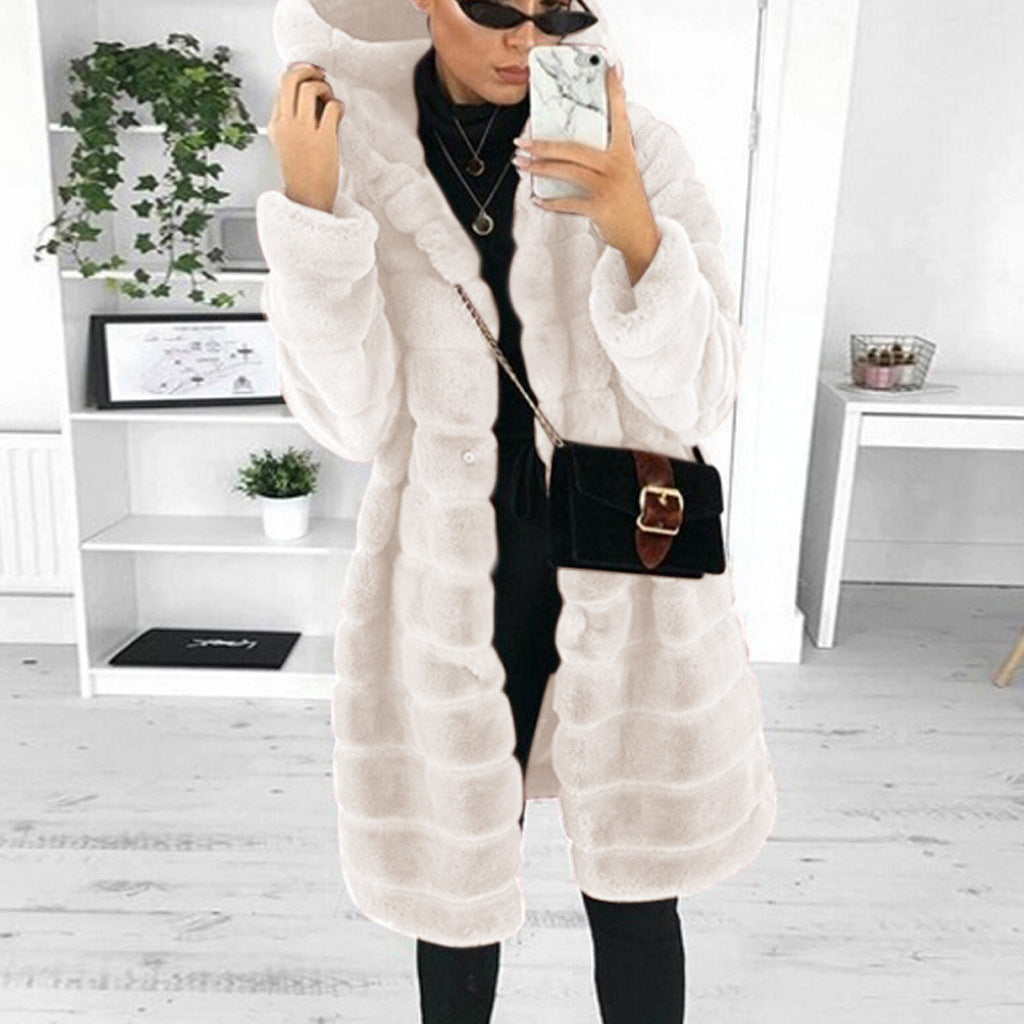 Kappa i fuskpäls | Huva | Mellanlång | Fuskfluffig kappa | Vinterjacka för kvinnor