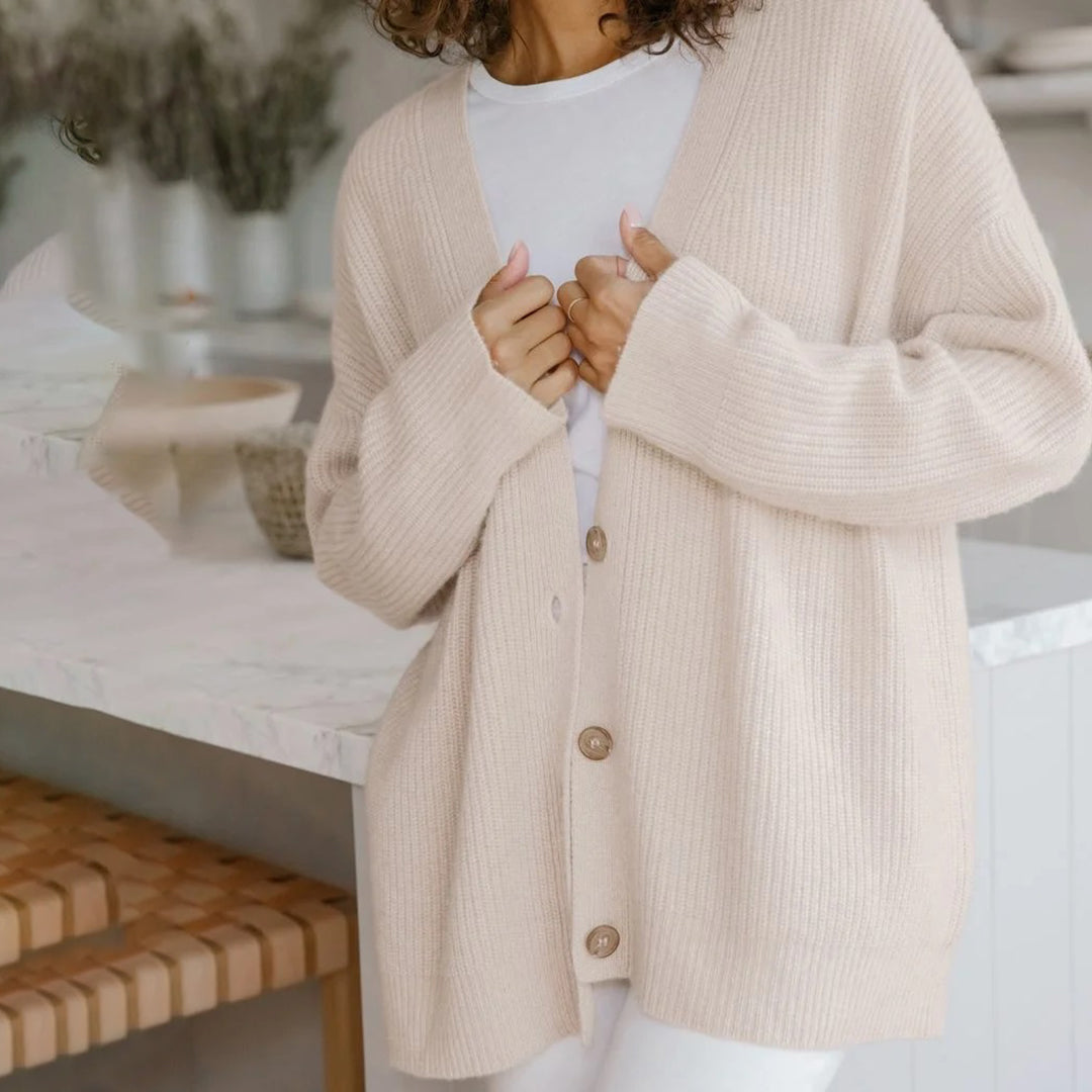 Kashmircardigan – Oversized stickad cardigan med V-ringning för dam