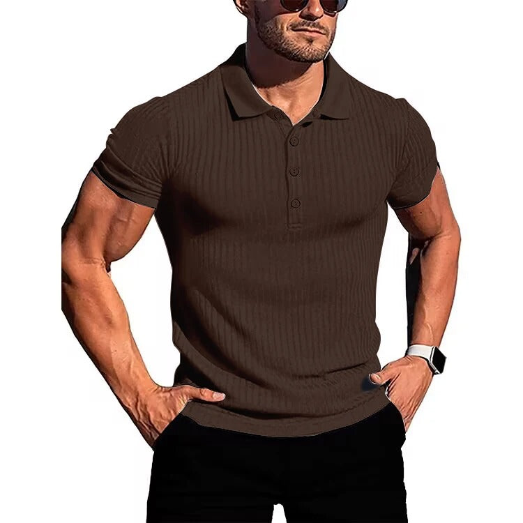 Herrens Slim Fit Stickad Polotröja med Kort Ärm
