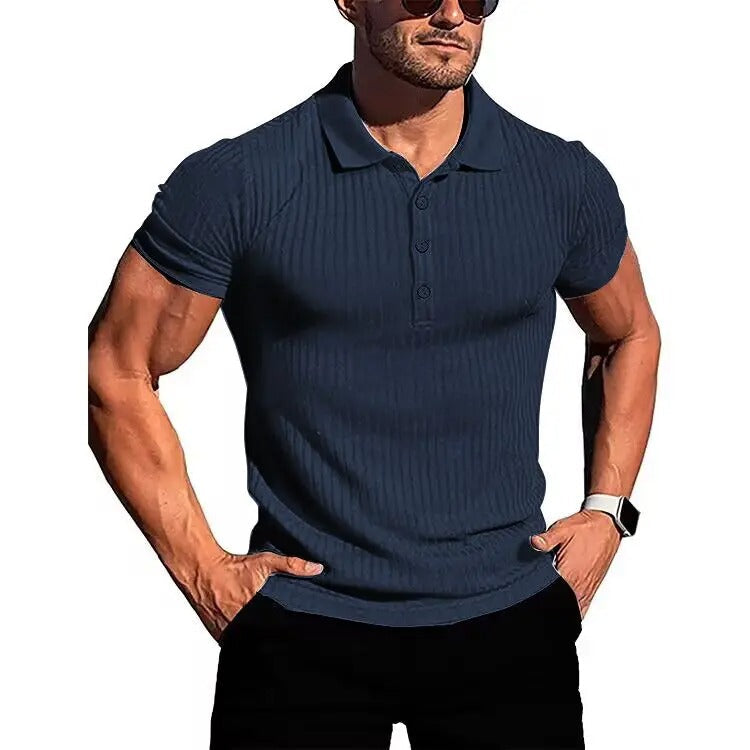 Herrens Slim Fit Stickad Polotröja med Kort Ärm