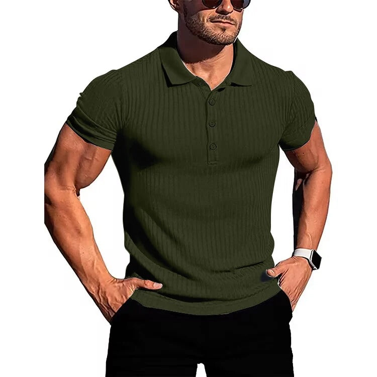 Herrens Slim Fit Stickad Polotröja med Kort Ärm