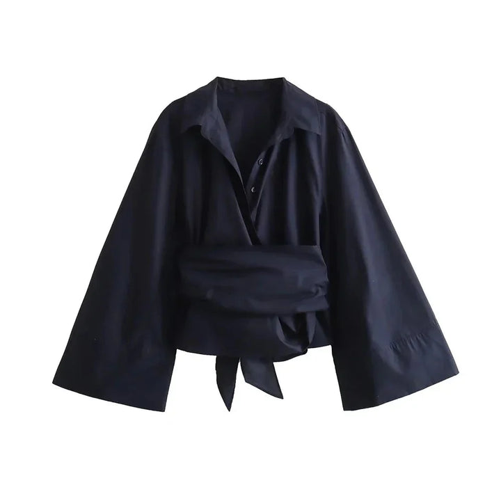 Kimono-blus | Långärmad | Knäppt | Omslagstopp | Damskjorta