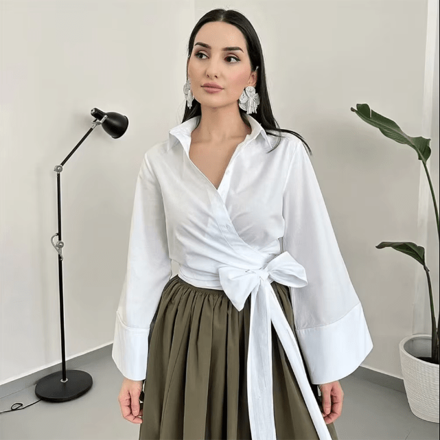 Kimono-blus | Långärmad | Knäppt | Omslagstopp | Damskjorta