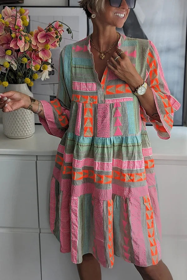 Klänning med tryck - Halvärmad Boho knälång A-linjeformad klänning