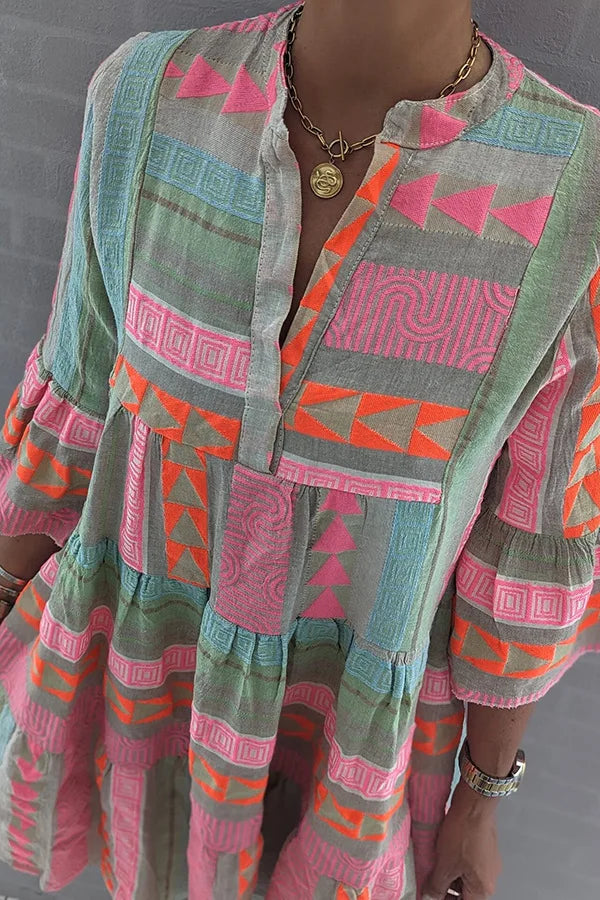 Klänning med tryck - Halvärmad Boho knälång A-linjeformad klänning
