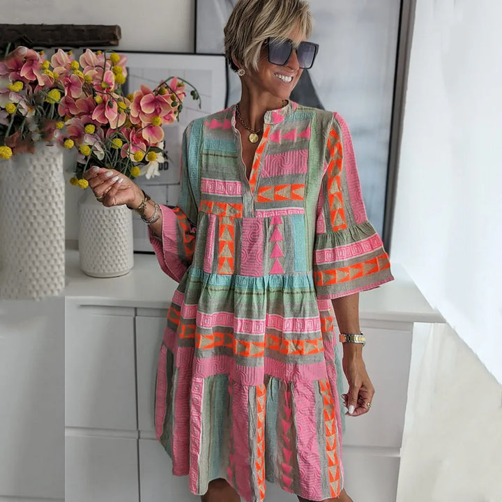 Klänning med tryck - Halvärmad Boho knälång A-linjeformad klänning