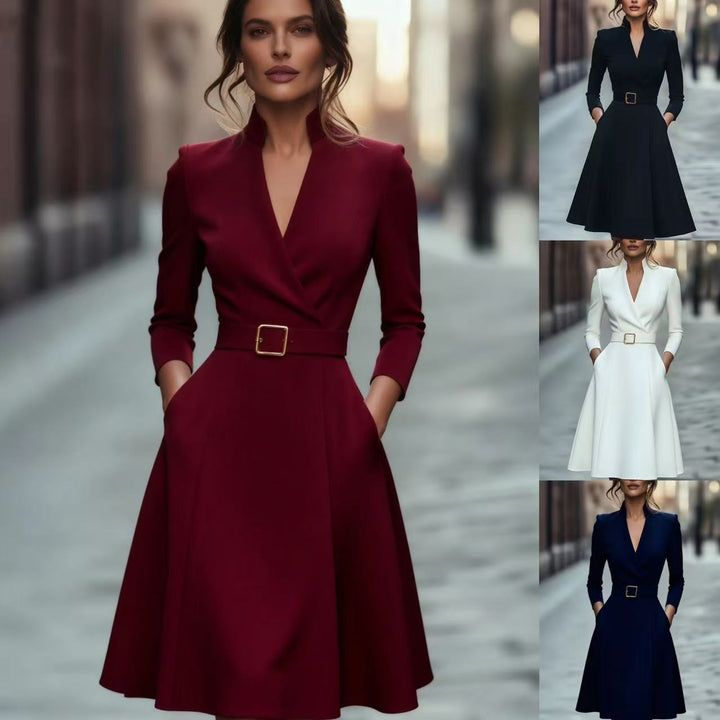 Knälång klänning - Blå - V-ringad - Långärmad klänning - Elegant klänning