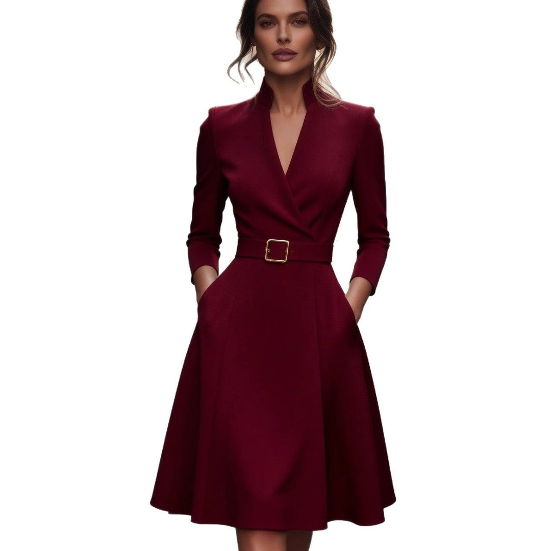 Knälång klänning - Blå - V-ringad - Långärmad klänning - Elegant klänning