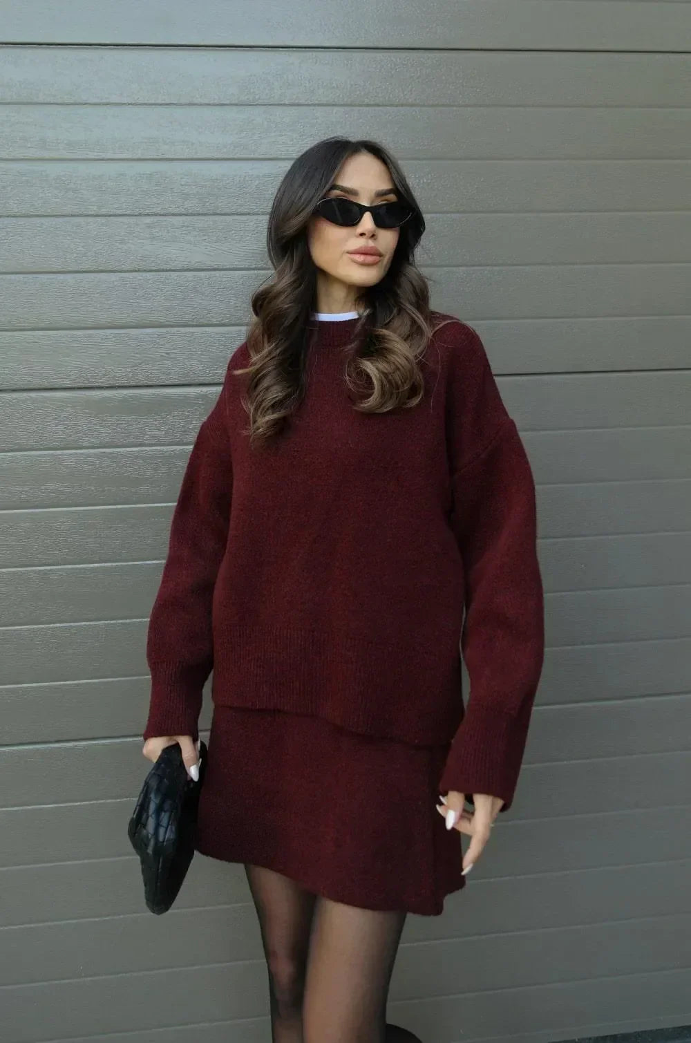 Knitted Co-Ord - Tvådelat set med minikjol och tröja för kvinnor