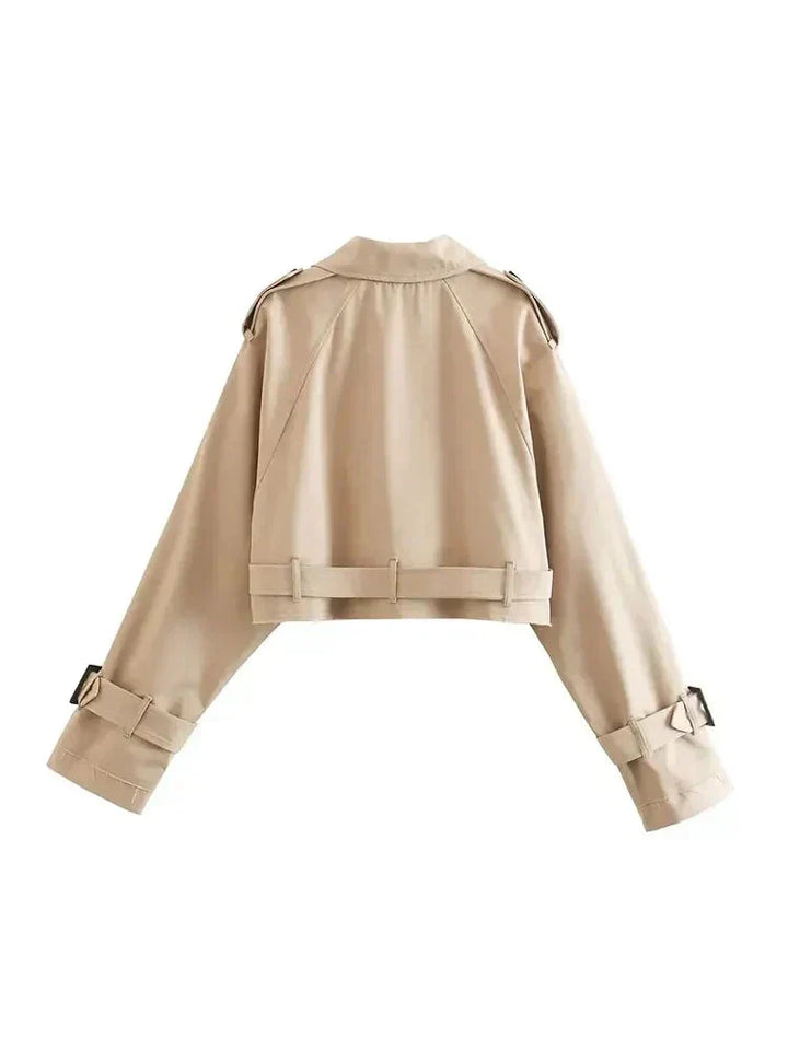 Kort Trenchjacka - Beige dubbelknäppt kort Trenchjacka med bälte för kvinnor
