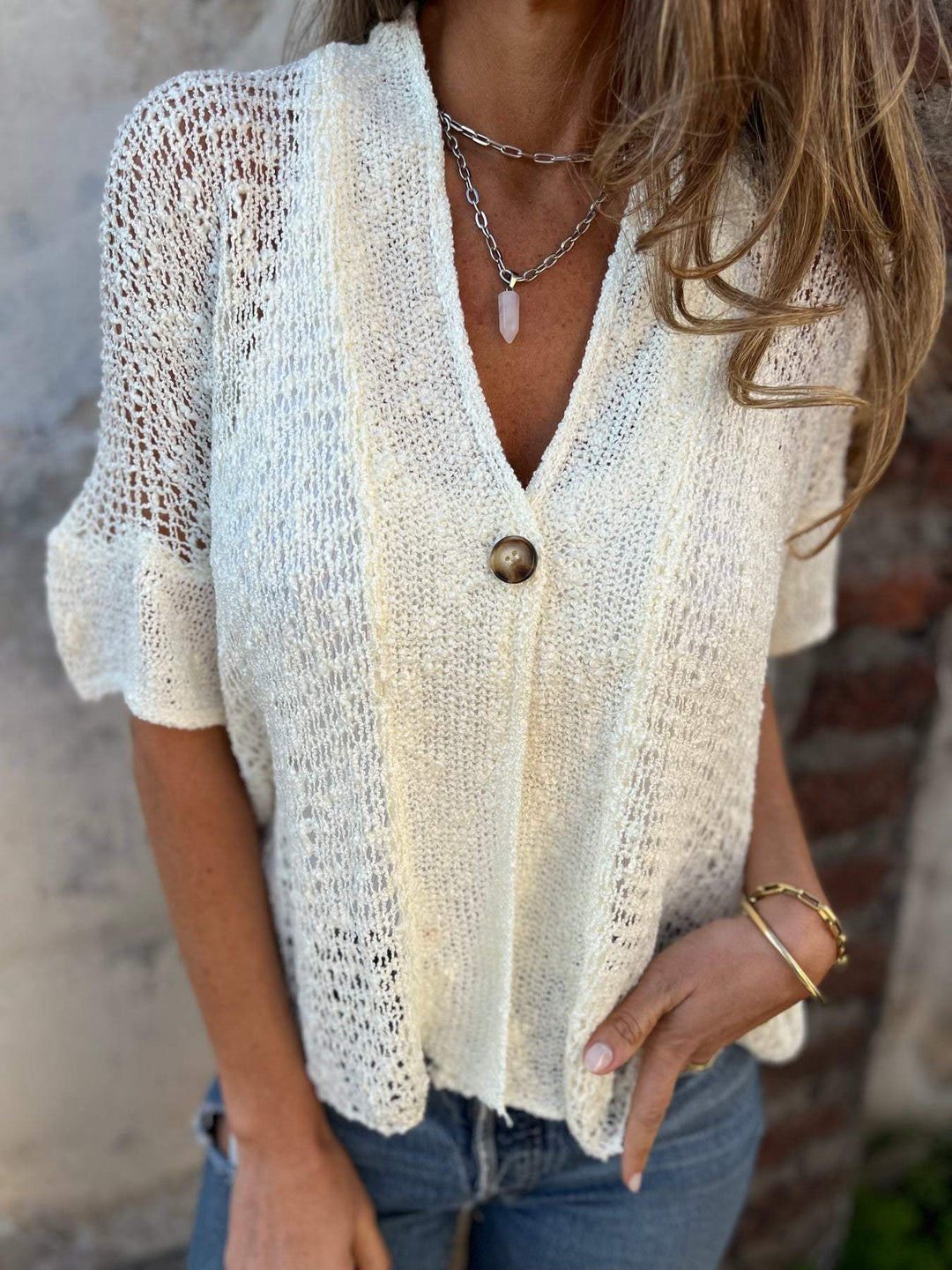 Kvinna Texturerad V-hals Top Elegant Stil