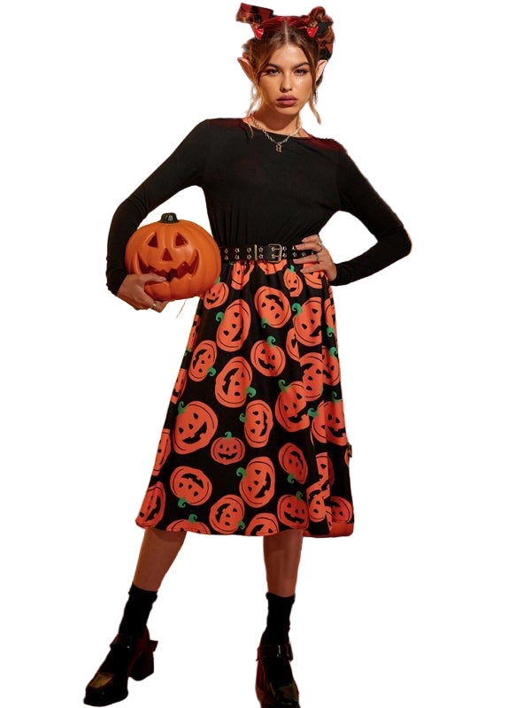 Kvinnors Halloween Midi Klänning med Pumpa Tryck
