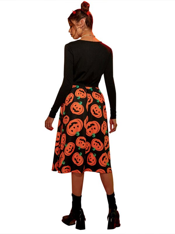 Kvinnors Halloween Midi Klänning med Pumpa Tryck