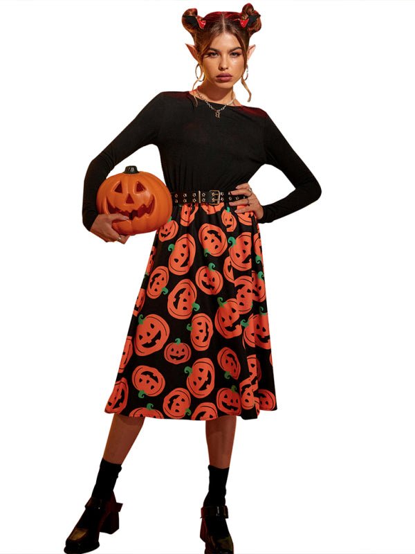 Kvinnors Halloween Midi Klänning med Pumpa Tryck